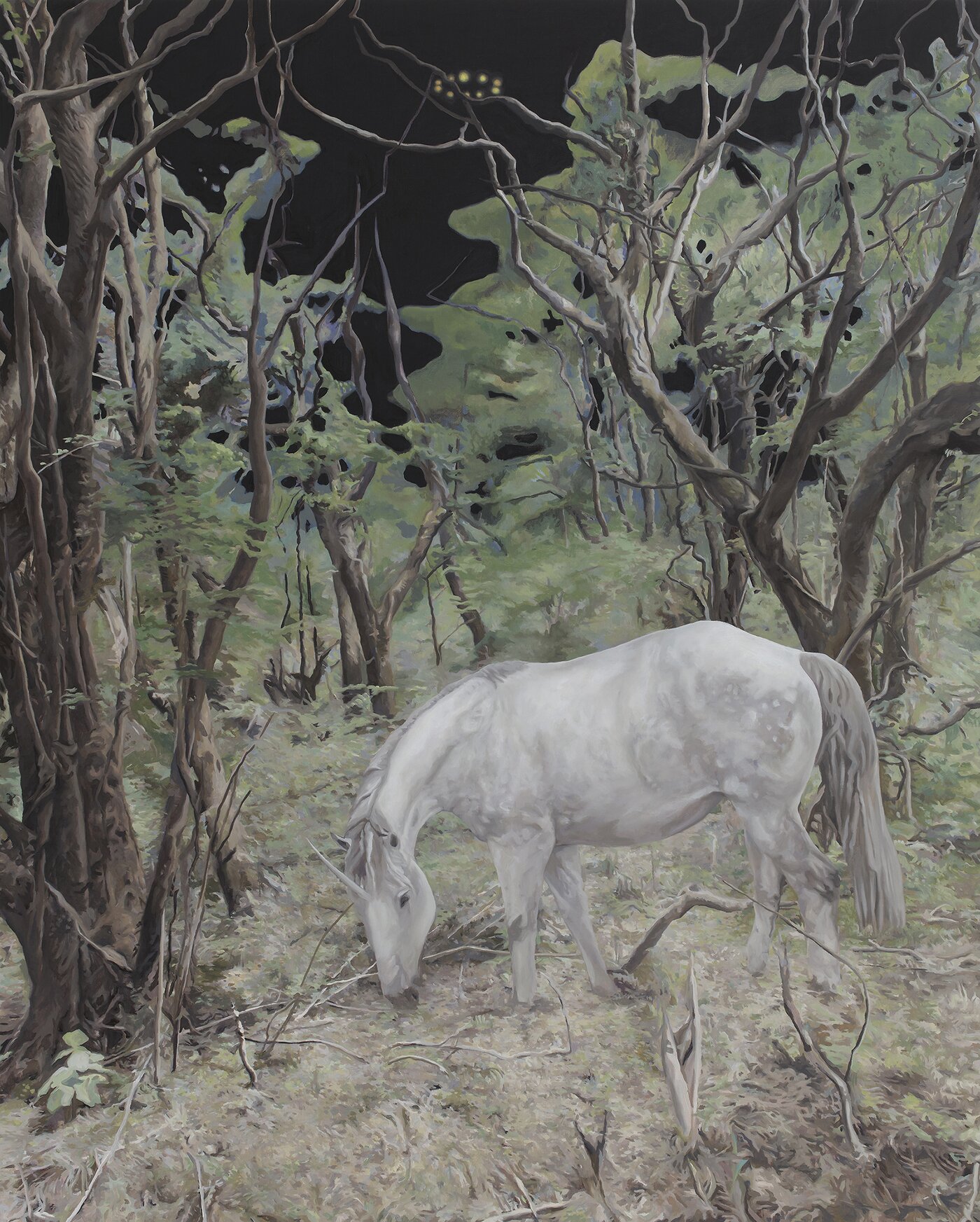 본문 이미지 - 정아름, Unicorn and UFOs in the Wood, 162&times;130cm, oil on linen, 2026 (누크갤러리 제공)