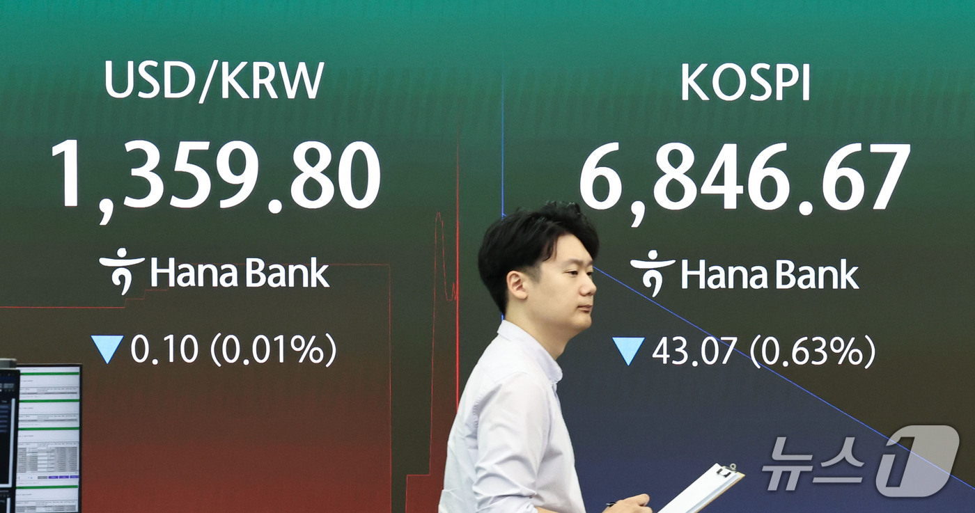(서울=뉴스1) 이종수 기자 = 29일 오전 서울 중구 하나은행 딜링룸 전광판에 코스피 지수 등 시황이 표시되고 있다. 이날 코스피는 전 거래일(6889.74) 대비 0.66%(4 …