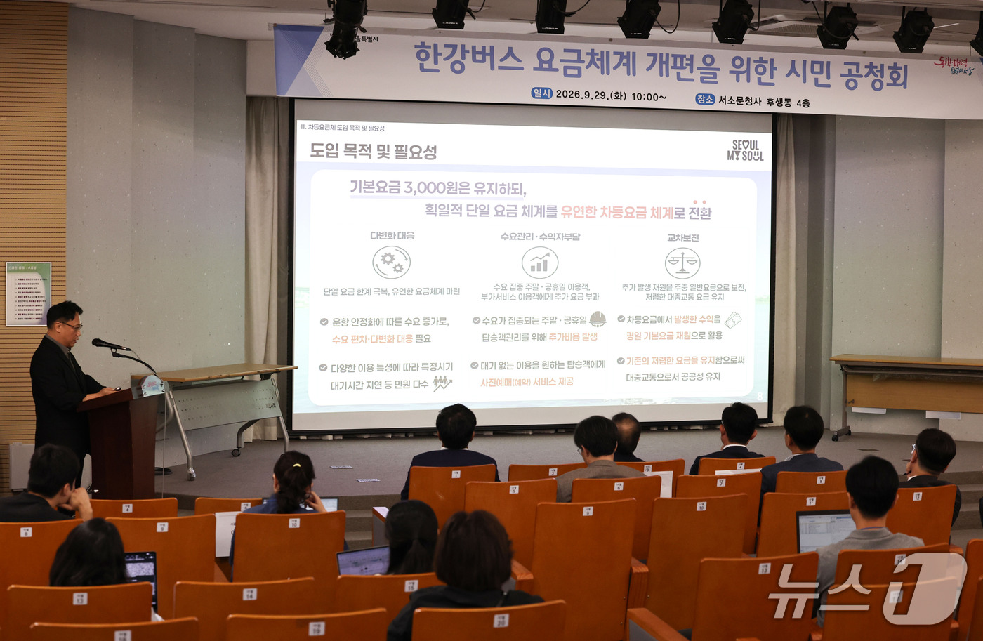 (서울=뉴스1) 이종수 기자 = 29일 서울 중구 서울시청 서소문청사 후생동에서 ‘한강버스 요금체계 개편을 위한 공청회’가 열리고 있다.서울시는 평일 기본요금 3000원은 유지하되 …