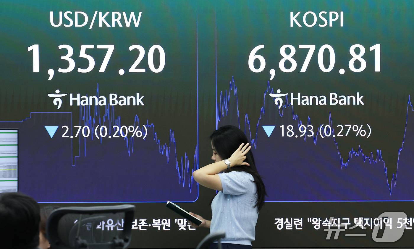 (서울=뉴스1) 오대일 기자 = 코스피가 2거래일 연속 하락 마감한 29일 오후 서울 중구 하나은행 본점 딜링룸 전광판에 코스피 등 종가가 표시되고 있다. 이날 코스피는 전 거래일 …