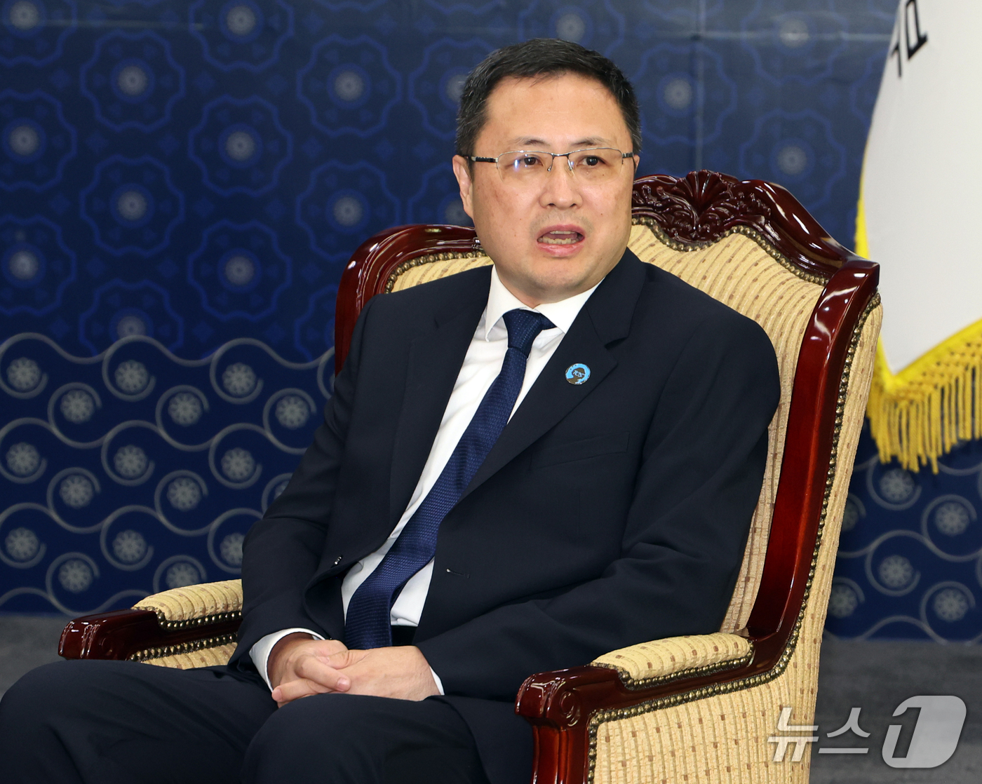 (서울=뉴스1) 이종덕 기자 = 리징 TCS 사무차장(중국)이 29일 서울 종로구 정부서울청사에서 조현 외교부 장관을 예방한 자리에서 발언하고 있다. 2026.9.29/뉴스1