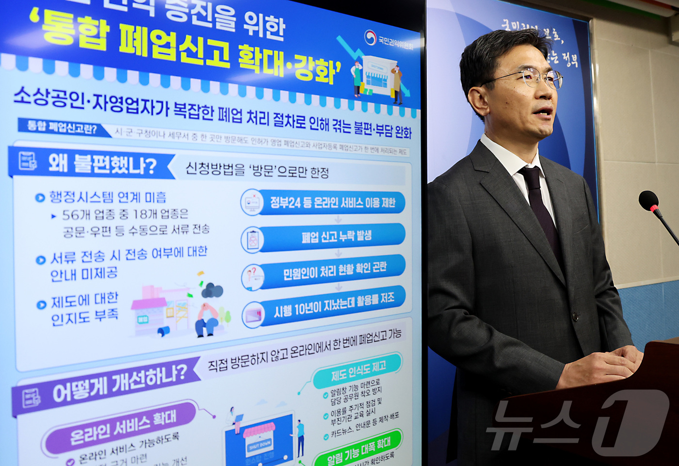 (세종=뉴스1) 김기남 기자 = 오정택 국민권익위원회 권익개선정책국장이 3일 세종시 정부세종청사에서 소상공인 통합 폐업신고 확대 및 강화 방안을 발표하고 있다.국민권익위원회는 통합 …