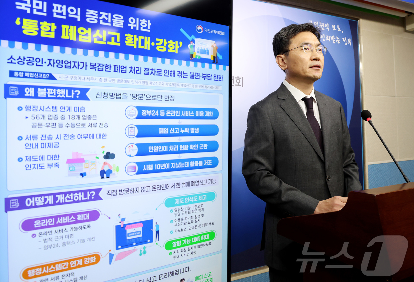 (세종=뉴스1) 김기남 기자 = 오정택 국민권익위원회 권익개선정책국장이 3일 세종시 정부세종청사에서 소상공인 통합 폐업신고 확대 및 강화 방안을 발표하고 있다.국민권익위원회는 통합 …