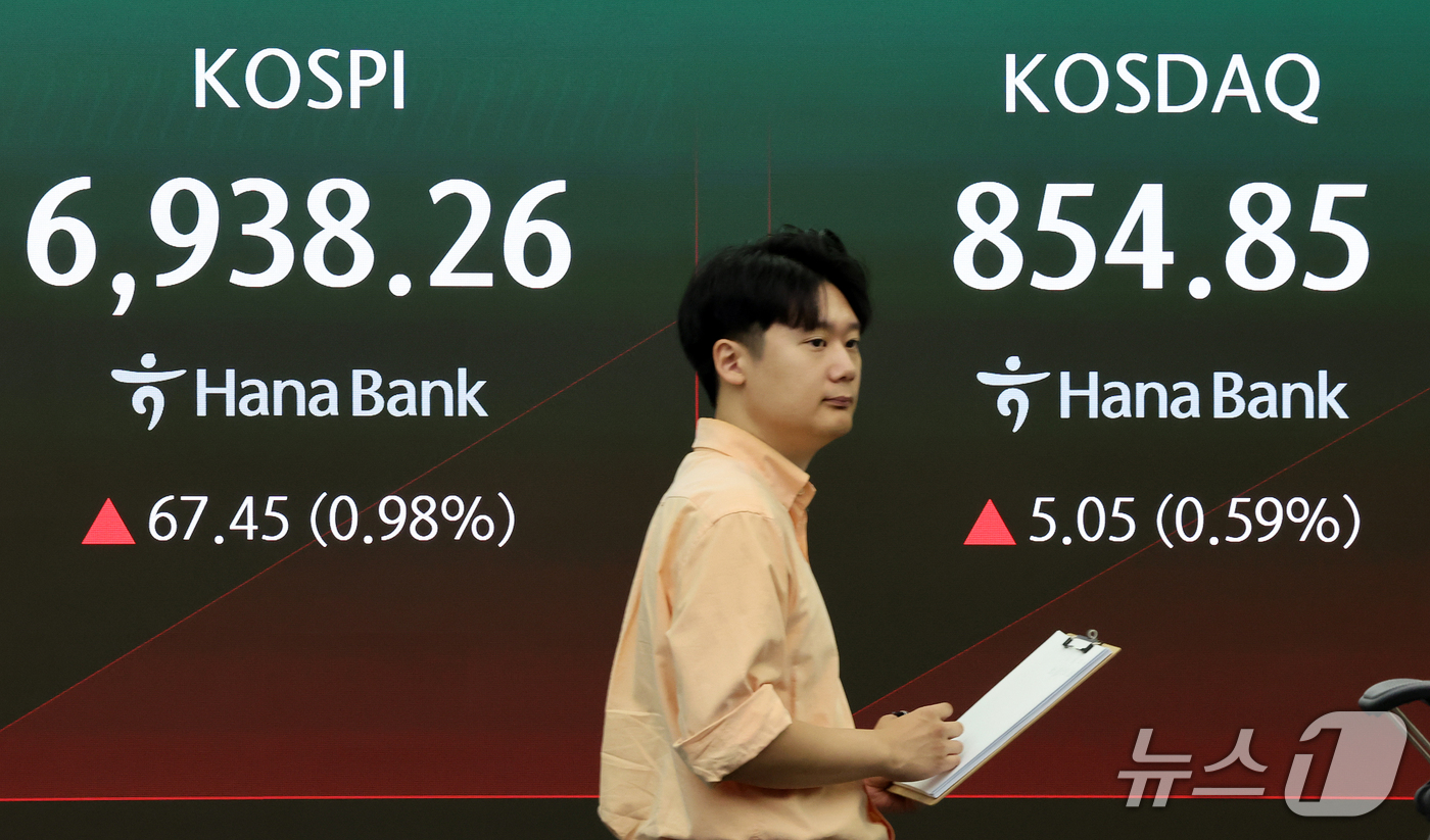 (서울=뉴스1) 김진환 기자 = 30일 서울 중구 하나은행 본점 딜링룸 전광판에 코스피 등 개장 시황이 표시되고 있다.이날 코스피는 전 거래일 대비 67.45포인트(0.98%) 오 …