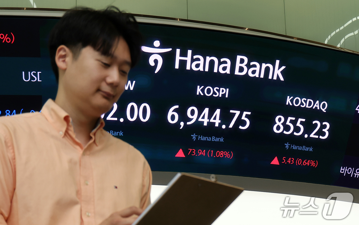 (서울=뉴스1) 김진환 기자 = 30일 서울 중구 하나은행 본점 딜링룸 전광판에 코스피 등 개장 시황이 표시되고 있다.이날 코스피는 전 거래일 대비 73.94포인트(1.08%) 오 …