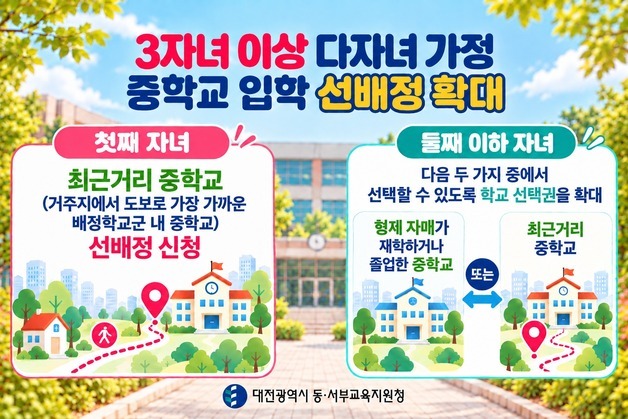 대전 중학교 입학 다자녀 가정 선배정 확대…첫째도 적용