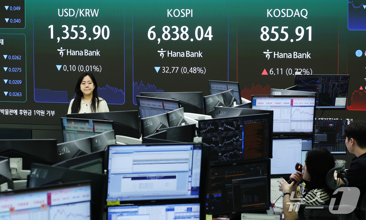(서울=뉴스1) 오대일 기자 = 코스피가 3거래일 연속 하락 마감한 30일 오후 서울 중구 하나은행 본점 딜링룸 전광판에 코스피 등 종가가 표시되고 있다. 이날 코스피는 전 거래일 …
