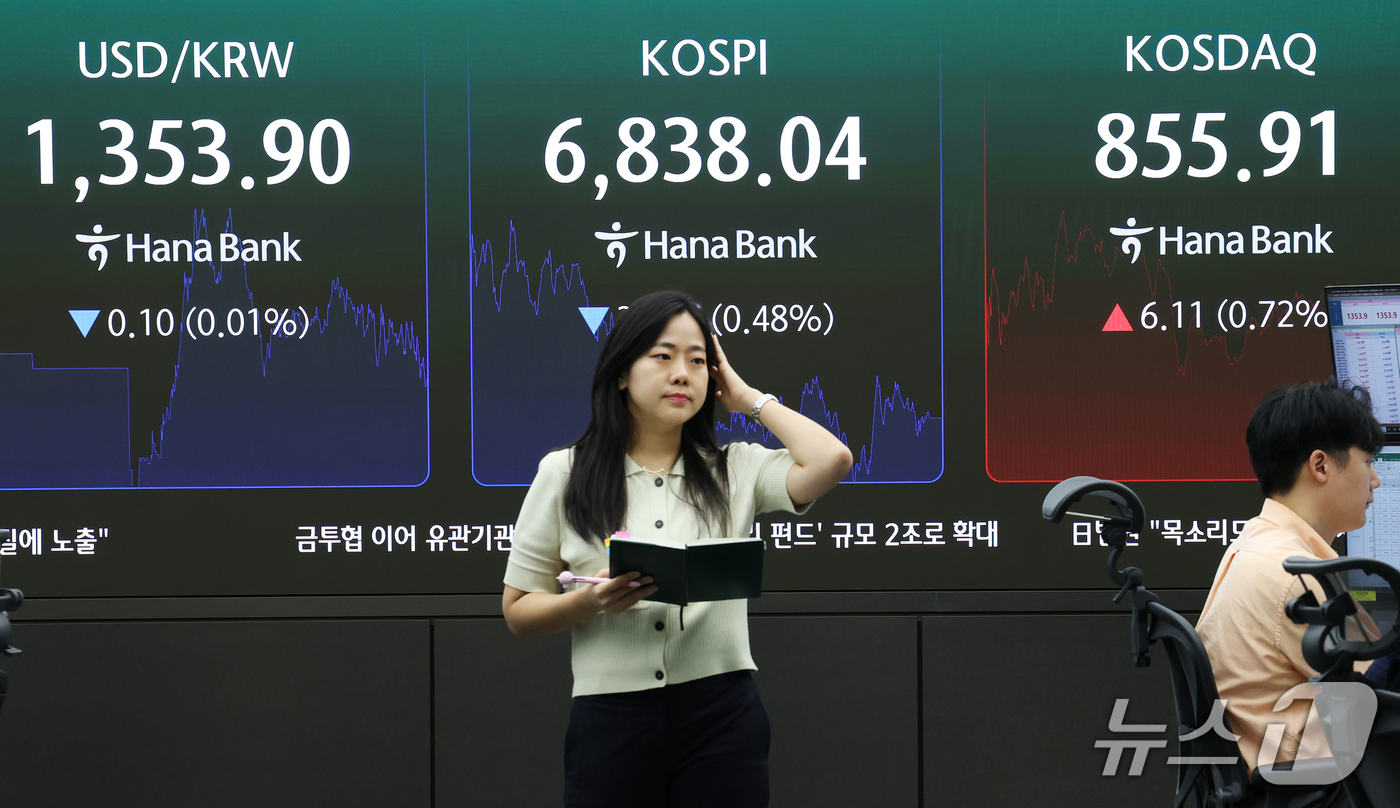 (서울=뉴스1) 오대일 기자 = 코스피가 3거래일 연속 하락 마감한 30일 오후 서울 중구 하나은행 본점 딜링룸 전광판에 코스피 등 종가가 표시되고 있다. 이날 코스피는 전 거래일 …