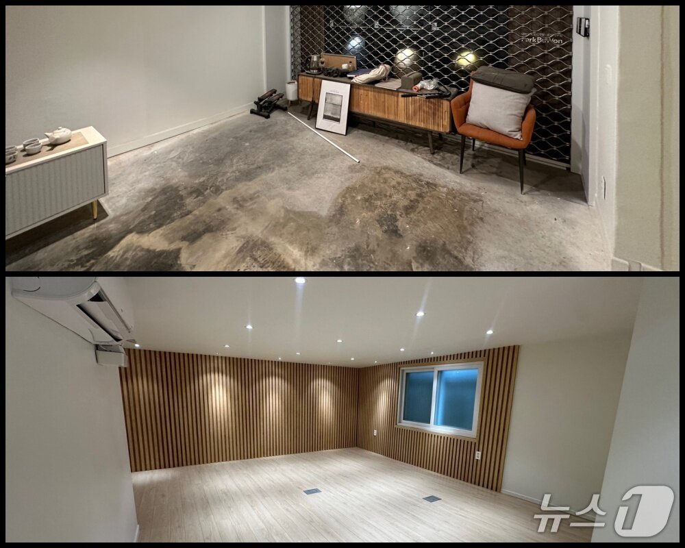 본문 이미지 - 고소인이 진행했던 강남구 역삼동 소재 피고소인을 위한 인테리어 공사 전(위)과 80%까지 완성된 모습.(재판매 및 DB 금지)/뉴스1 유재규 기자.