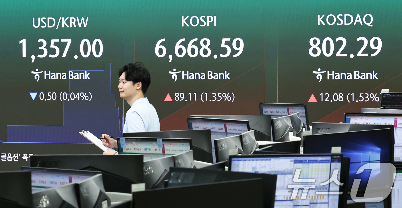 (서울=뉴스1) 이종수 기자 = 4일 오전 서울 중구 하나은행 딜링룸 전광판에 코스피 지수 등 시황이 표시되고 있다. 이날 코스피는 전 거래일 대비 74.88p(1.14%) 오른 …