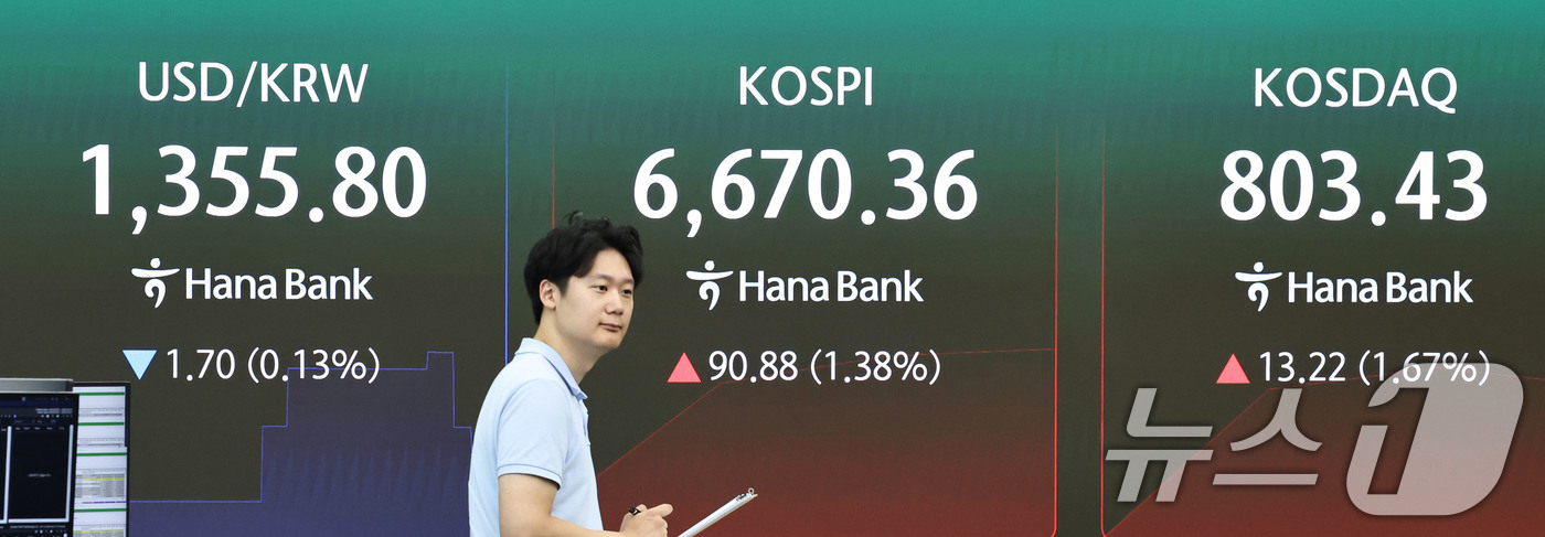 (서울=뉴스1) 이종수 기자 = 4일 오전 서울 중구 하나은행 딜링룸 전광판에 코스피 지수 등 시황이 표시되고 있다. 이날 코스피는 전 거래일 대비 74.88p(1.14%) 오른 …