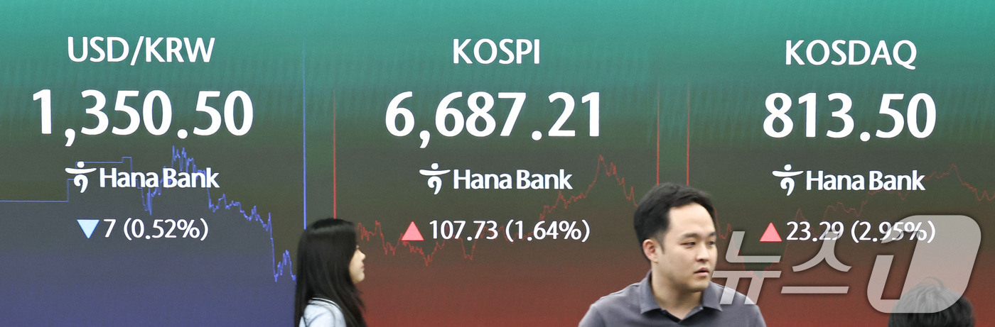 (서울=뉴스1) 이종수 기자 = 4일 오후 서울 중구 하나은행 딜링룸 전광판에 코스피 지수 등 시황이 표시되고 있다. 이날 코스피는 전 거래일전일 종가와 비교해 107.73포인트( …