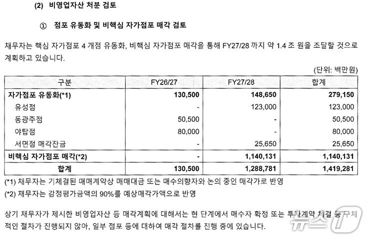 본문 이미지 - 홈플러스 회생계획안 '제2차 조사보고서' 변제 자금 조달 가능성 중 일부 내용. (홈플러스 회생계획안 갈무리)