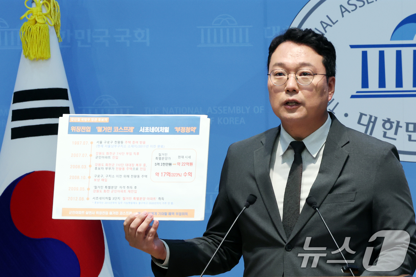 (서울=뉴스1) 황기선 기자 = 천하람 개혁신당 당대표 권한대행 겸 원내대표가  6일 오전 서울 여의도 국회 소통관에서 강신철 국방부 장관 후보자 인사청문 관련 기자회견을 하고 있 …