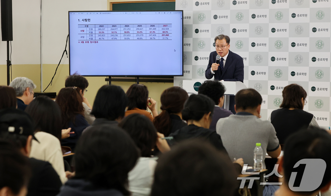 (서울=뉴스1) 김진환 기자 = 6일 서울 강남구 강남종로학원 대강당에서 열린 종로학원 9월 모의평가 긴급분석 및 2027 수시대학 최종 결정 파이널 설명회를 찾은 학부모들이 종로 …