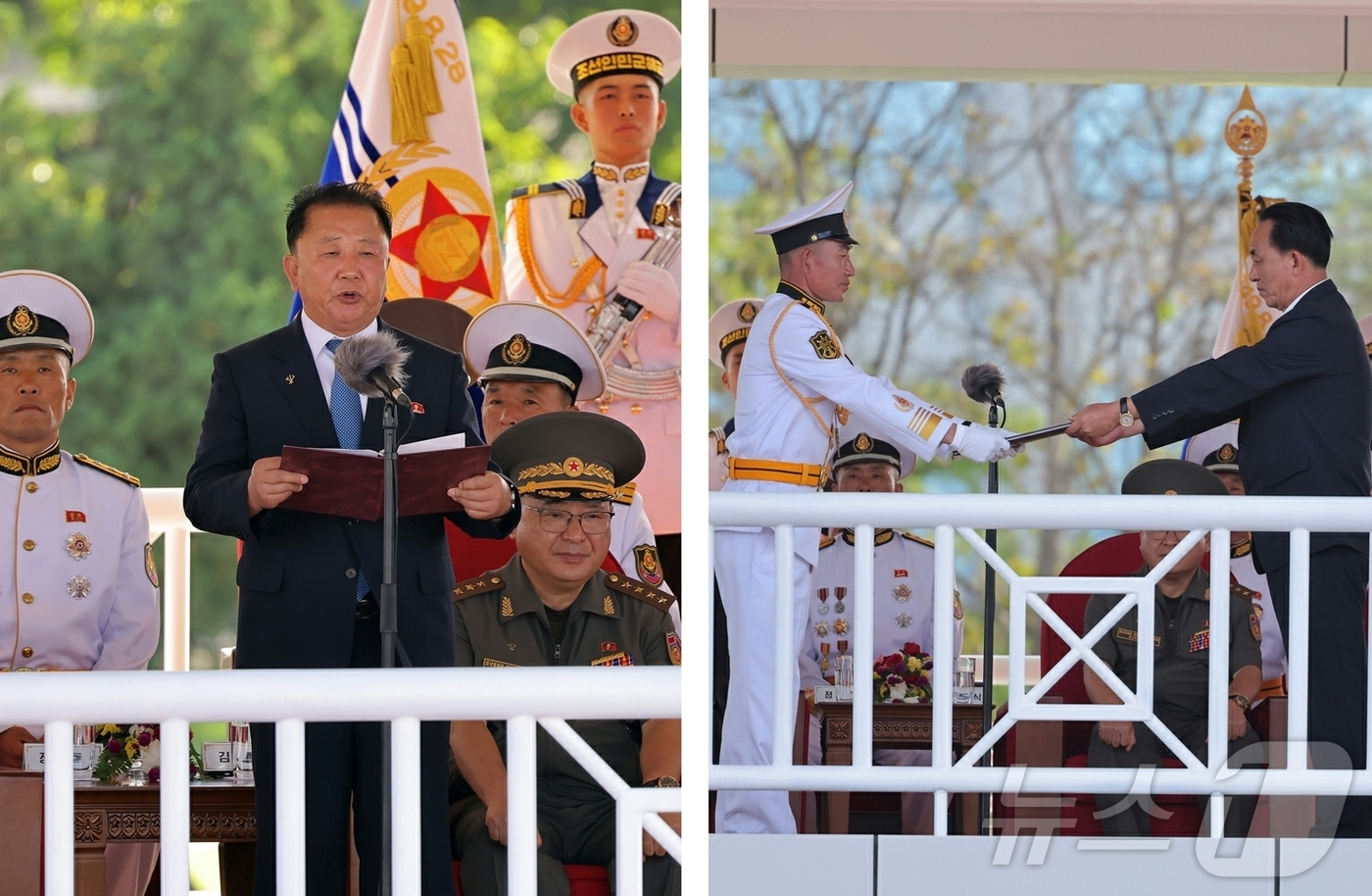(평양 노동신문=뉴스1) = 북한이 5000톤급 신형 구축함의 두 번째 함인 '강건'호의 취역식을 개최했다고 노동당 기관지 노동신문이 7일 밝혔다. [국내에서만 사용가능. 재배포 …
