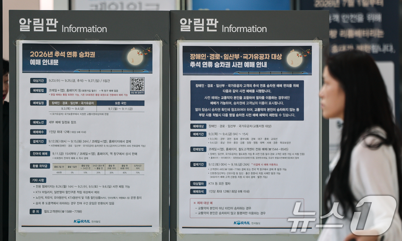 (서울=뉴스1) 김도우 기자 = 추석 명절 승차권 예매가 시작된 7일 서울역에 관련 안내문이 붙어있다.이날부터 11일까지 경로·장애인·국가유공자(교통지원 대상)를 포함한 모든 국민 …