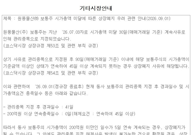 "상폐 피하려 병합까지 했는데"…원풍물산, 결국 299원 하한가 [핫종목]