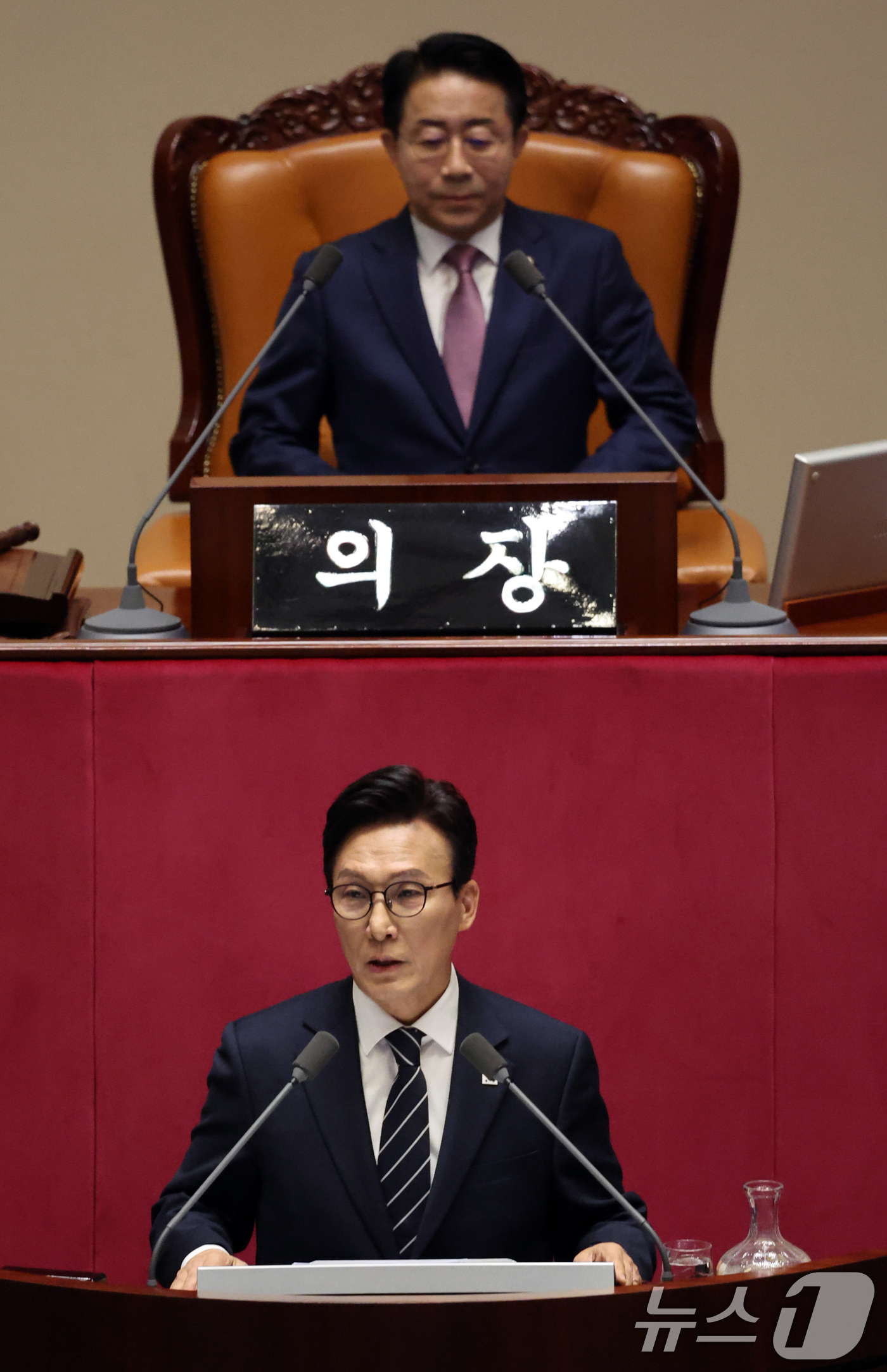 (서울=뉴스1) 황기선 기자 = 김민석 더불어민주당 대표가 7일 오전 서울 여의도 국회에서 열린 제439회국회(정기회) 제3차 본회의에서 교섭단체 대표연설을 하고 있다. 2026. …