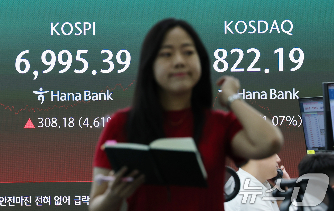 (서울=뉴스1) 오대일 기자 = 미국발 훈풍에 코스피가 상승 마감한 7일 오후 서울 중구 하나은행 본점 딜링룸 전광판에 코스피 등 종가가 표시되고 있다. 이날 코스피는 전 거래일 …
