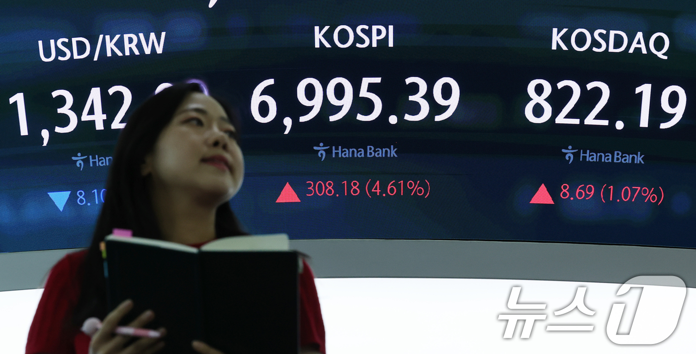 (서울=뉴스1) 오대일 기자 = 미국발 훈풍에 코스피가 상승 마감한 7일 오후 서울 중구 하나은행 본점 딜링룸 전광판에 코스피 등 종가가 표시되고 있다. 이날 코스피는 전 거래일 …