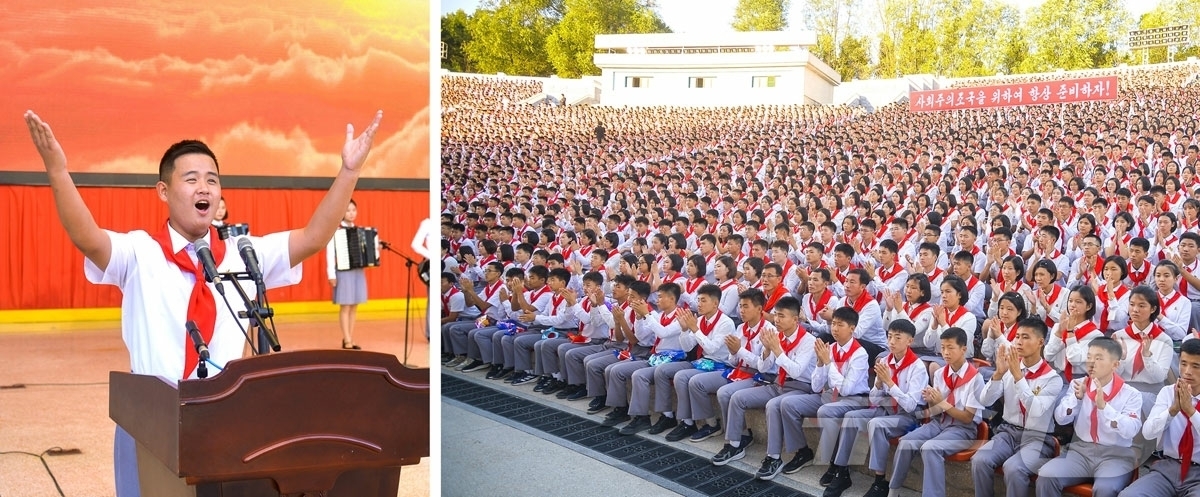 (평양 노동신문=뉴스1) = 북한 노동당 기관지 노동신문은 8일 학생들의 웅변모임 '공화국기와 소년단원'이 지난 7일 평양시청년공원야외극장에서 진행됐다고 전했다. 이날 행사에는 청 …