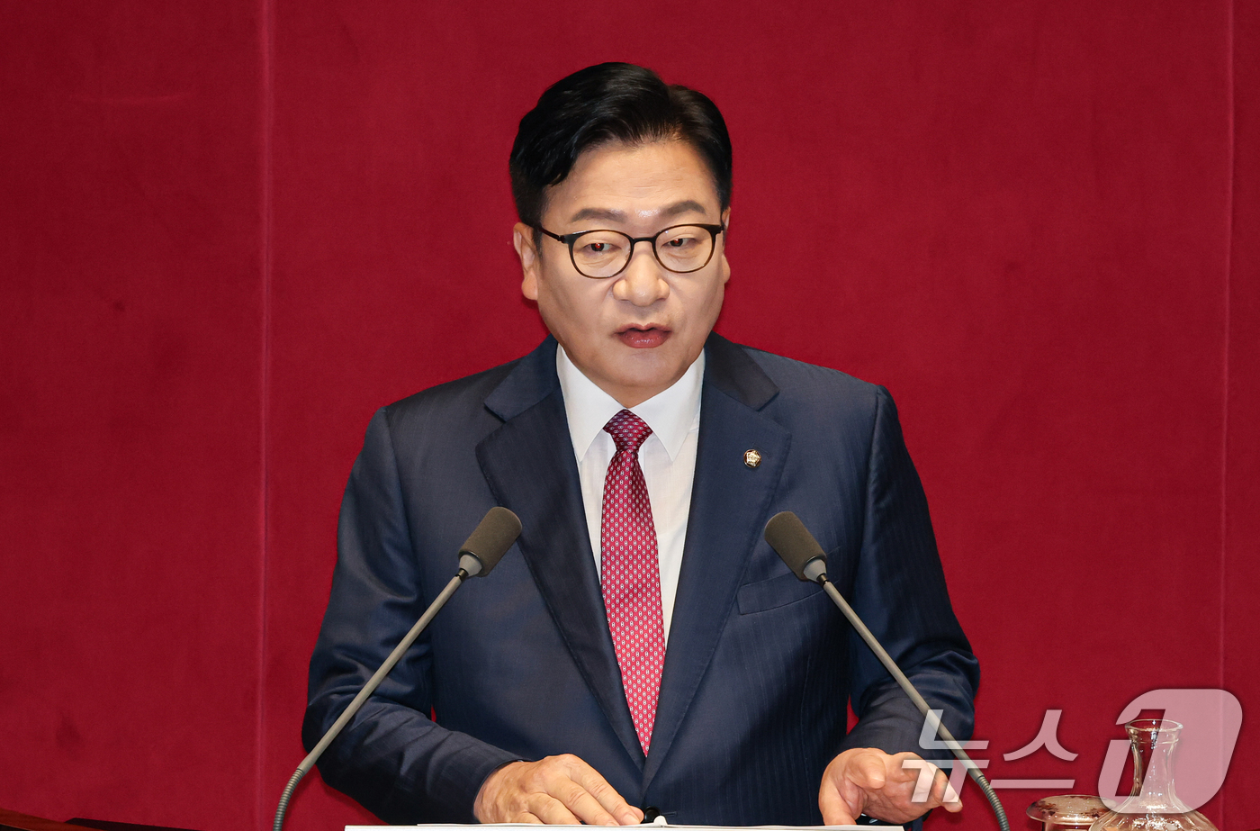 (서울=뉴스1) 김도우 기자 = 정점식 국민의힘 원내대표가 8일 오전 서울 여의도 국회에서 열린 제439회국회(정기회) 제4차 본회의에서 교섭단체 대표연설을 하고 있다. 2026. …