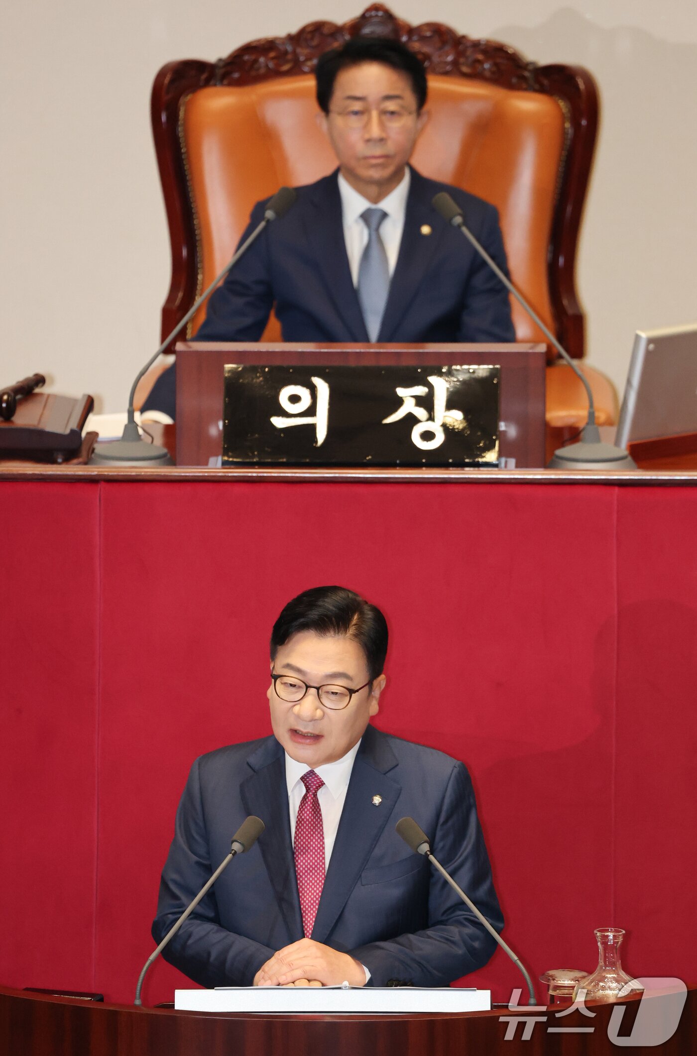 본문 이미지 - 정점식 국민의힘 원내대표가 8일 오전 서울 여의도 국회에서 열린 제439회국회(정기회) 제4차 본회의에서 교섭단체 대표연설을 하고 있다. 2026.9.8 ⓒ 뉴스1 김도우 기자
