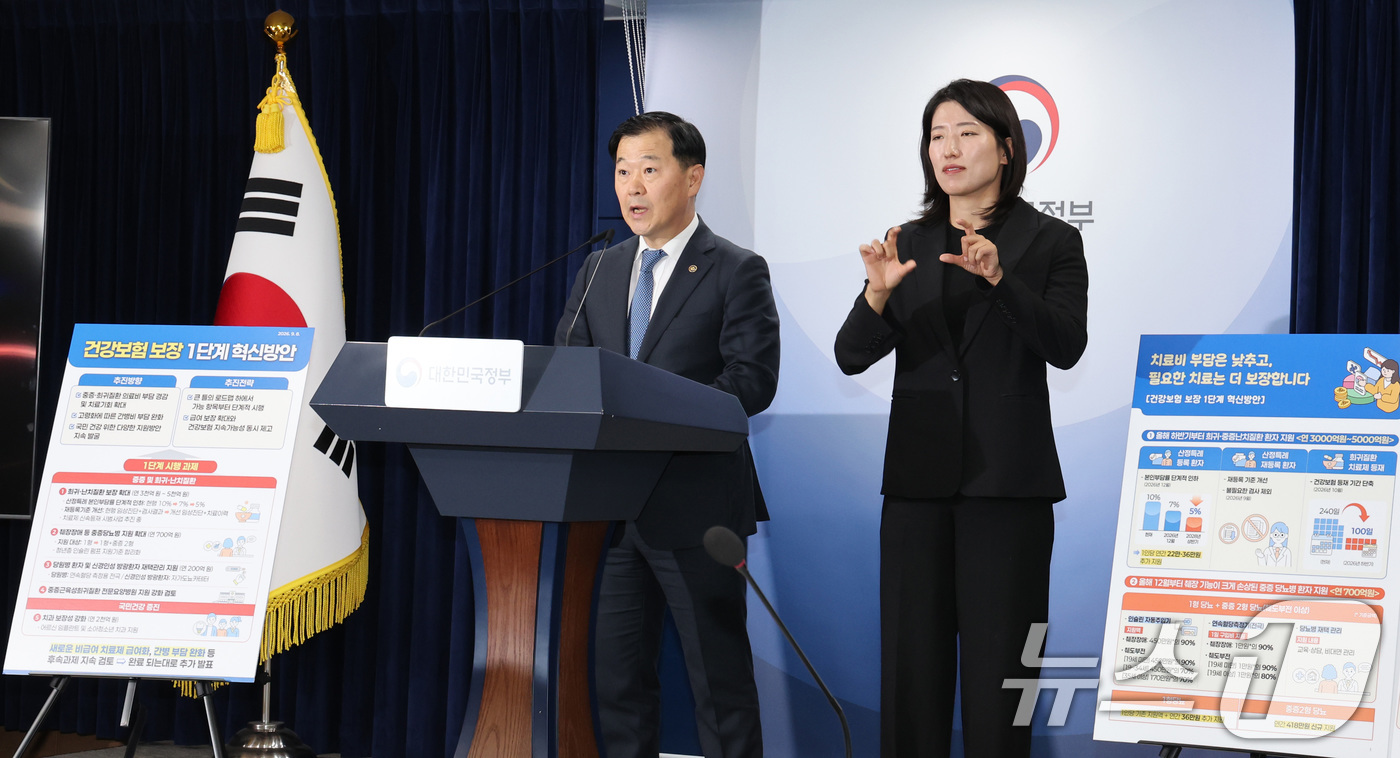 (서울=뉴스1) 이종덕 기자 = 이형훈 보건복지부 2차관이 8일 서울 종로구 정부서울청사에서 제15차 건강보험정책심의위원회 결과 브리핑을 하고 있다. 정부는 중증 희귀 난치 환자 …