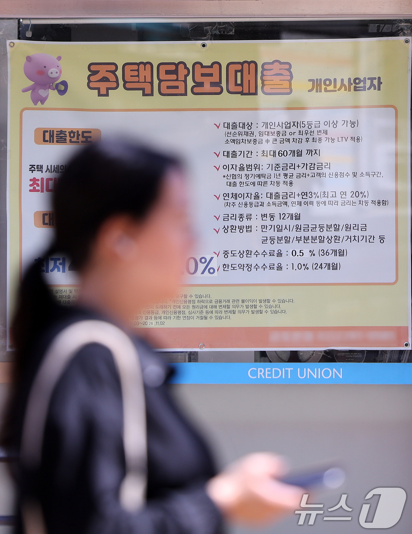 (서울=뉴스1) 박지혜 기자 = 8일 서울 시내의 한 신협에 주택담보대출 안내문이 붙어 있다.이날 국회 정무위원회 소속 박성훈 국민의힘 의원이 금융감독원으로부터 제출받은 자료에 따 …
