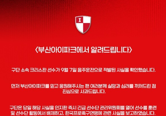 K리그2 부산 크리스찬, 음주운전 적발…선수단 활동서 배제