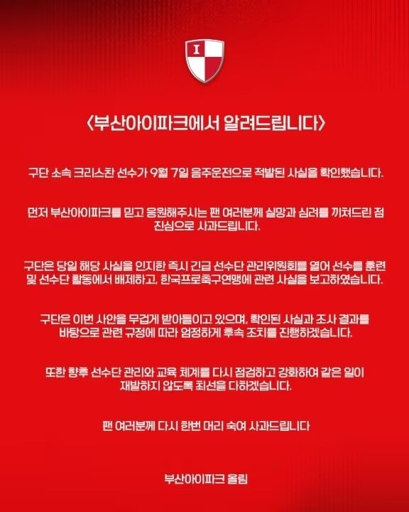 본문 이미지 - 부산 공격수 크리스찬이 음주운전으로 팀에서 이탈했다. (부산 구단 SNS)