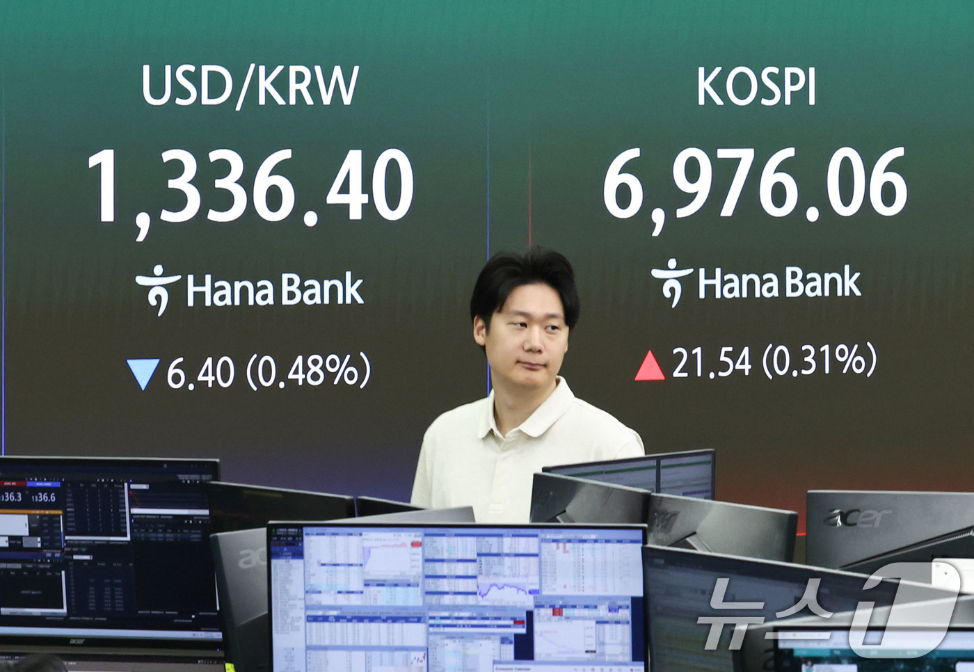 (서울=뉴스1) 이종수 기자 = 9일 오전 서울 중구 하나은행 딜링룸 전광판에 코스피 지수 등 시황이 표시되고 있다. 이날 코스피는 전일 대비 0.26% 오른 6972.87에 상승 …