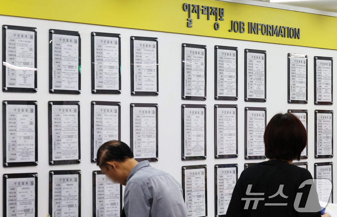 (서울=뉴스1) 오대일 기자 = 9일 오후 서울 마포구 서울서부고용복지플러스센터를 찾은 구직자들이 일자리 정보 게시판을 살펴보고 있다.국가데이터처가 9일 발표한 ‘8월 고용동향’에 …