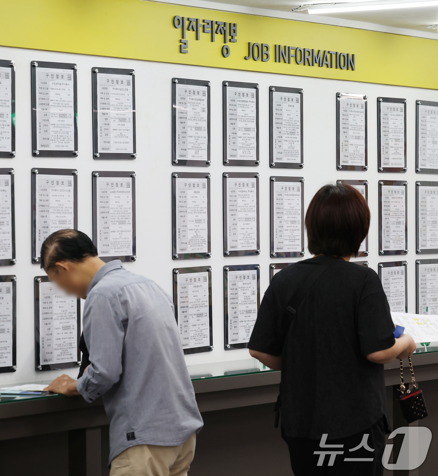 (서울=뉴스1) 오대일 기자 = 9일 오후 서울 마포구 서울서부고용복지플러스센터를 찾은 구직자들이 일자리 정보 게시판을 살펴보고 있다.국가데이터처가 9일 발표한 ‘8월 고용동향’에 …