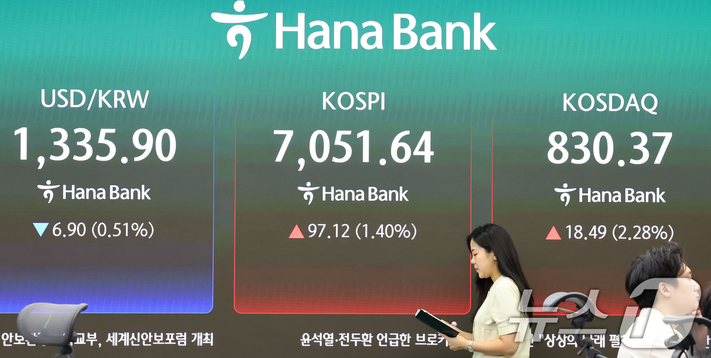 (서울=뉴스1) 이종덕 기자 = 9일 서울 중구 하나은행 딜링룸 전광판에 코스피 종가가 표시되고 있다. 이날  코스피 지수는 전 거래일 대비 1.4% 오른 7,051.64 , 코스 …